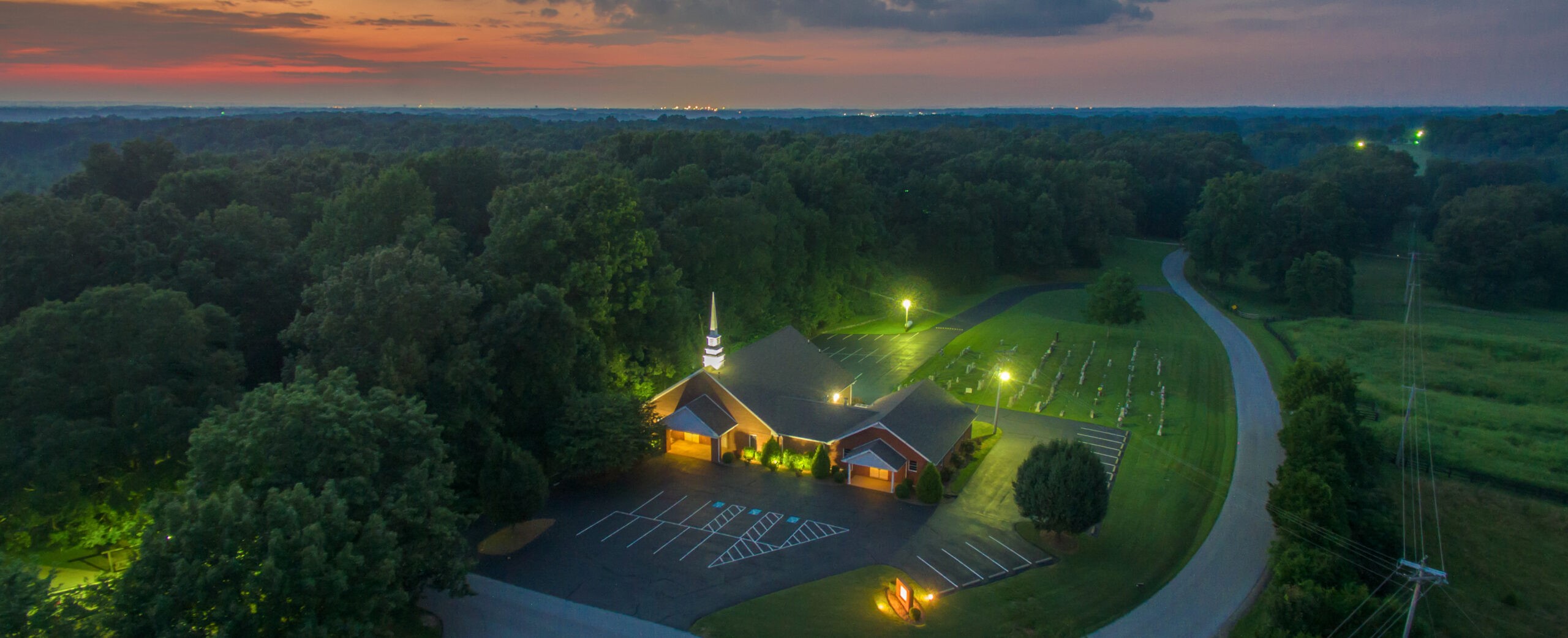 Aerial view of Mt Lebanon Missionary Baptist Church at dusk